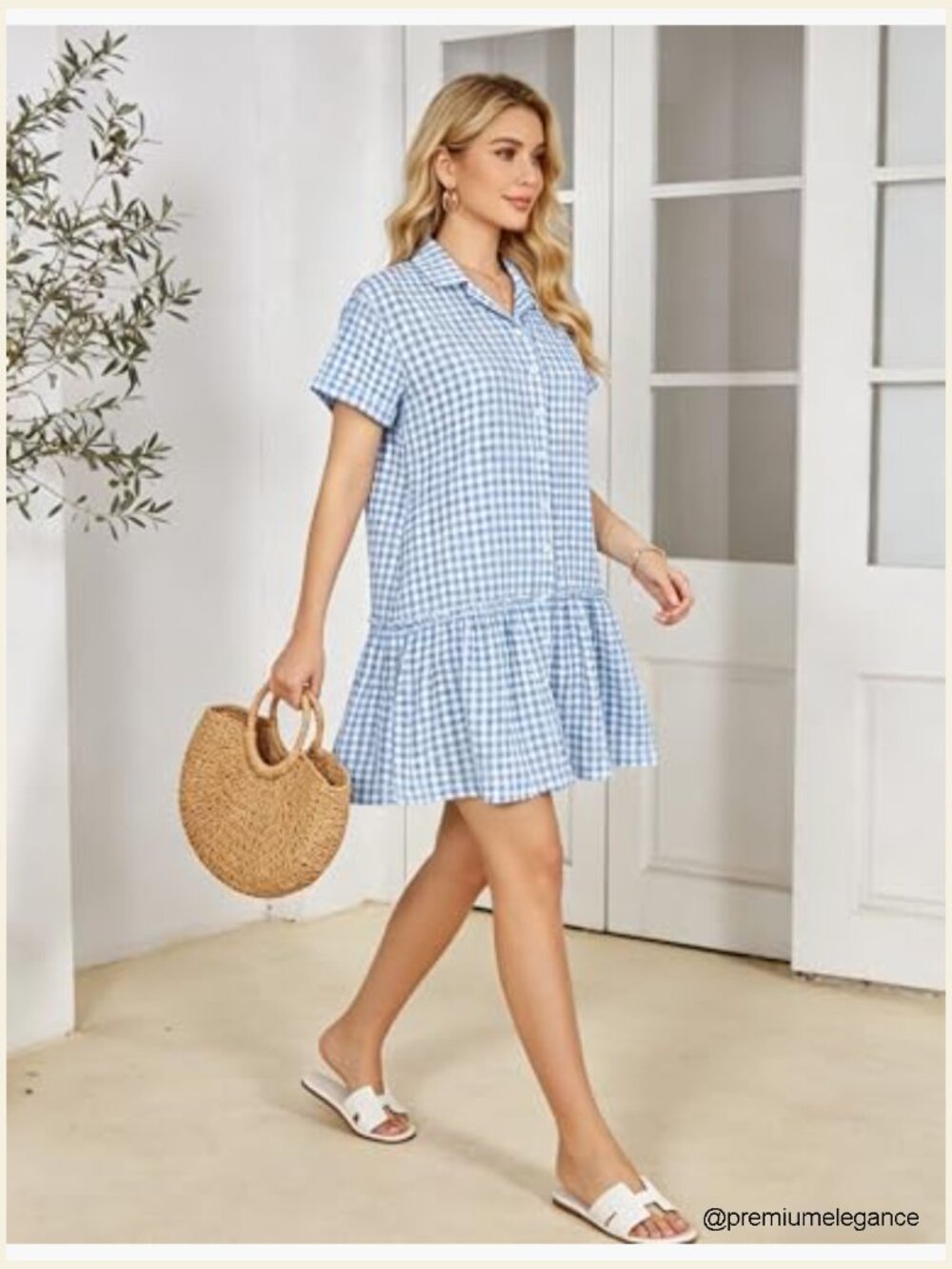 Women's Cotton Gingham Babydoll Mini Sundress Short Sleeve Button Down Ruffle - Picture 5 of 7
